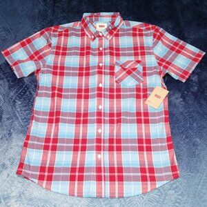 💰 3/$25.00 Men's S/S Levi's Plaid Dress Shirt/Collared Red/Wht/Blue M NWT. $35